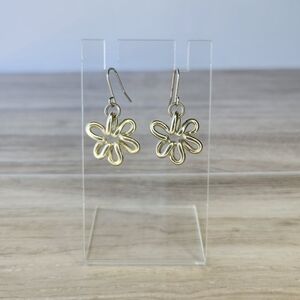 VINTAGE Boho Spring Silver Wire 3D Flower Pendant Dangle Earrings Fish Hook Back